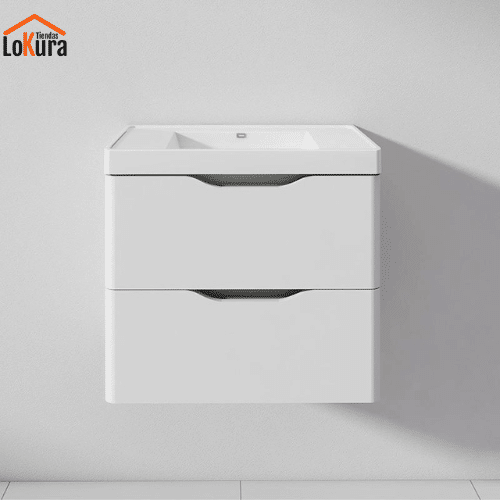 Gabinete para lavabo de baño suspendido en color blanco, con lavamanos de resina y cajones amplios
