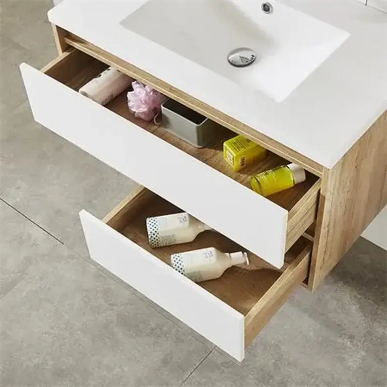 Cajones del mueble de baño madera y blanco Serie Ceres con amplio espacio de almacenaje