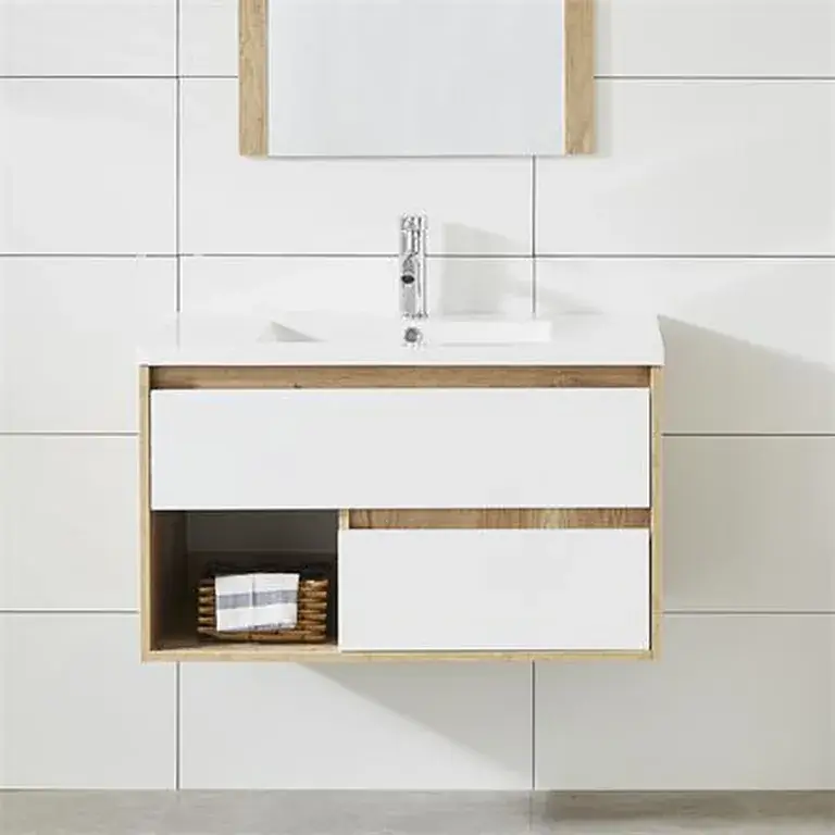 Mueble de baño blanco y madera Serie Ceres suspendido con lavabo cerámico integrado y dos cajones