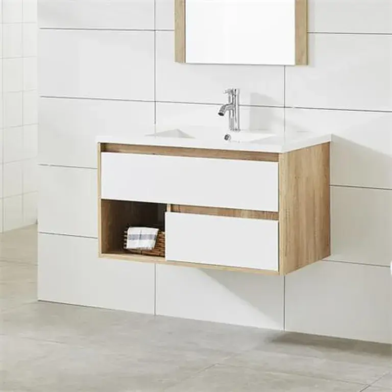 Mueble de baño madera y blanco Serie Ceres suspendido con lavabo cerámico integrado
