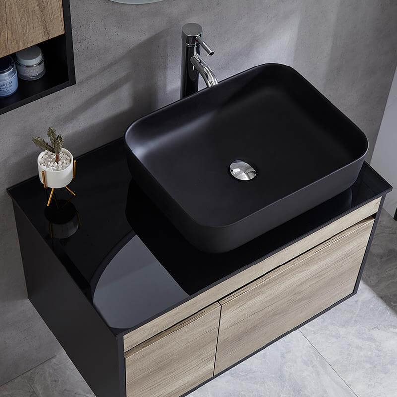 Mueble flotante de baño Vesta en negro y madera de haya, ideal para baños modernos y elegantes