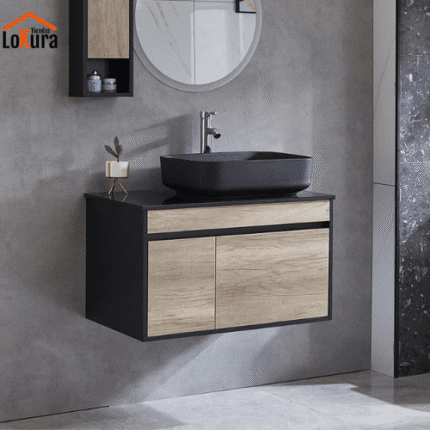 mueble baño negro y madera con diseño suspendido, lavamanos cerámicos sobre encimera y amplio cajón de almacenamiento