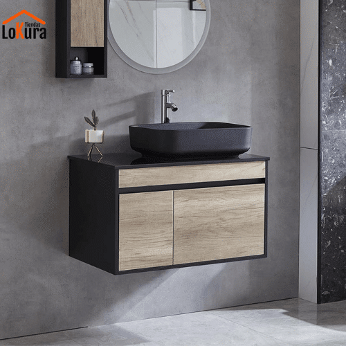 mueble baño negro y madera con diseño suspendido, lavamanos cerámicos sobre encimera y amplio cajón de almacenamiento