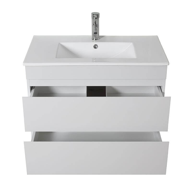 Detalle de los cajones organizadores del mueble de baño blanco Serie Perugia.