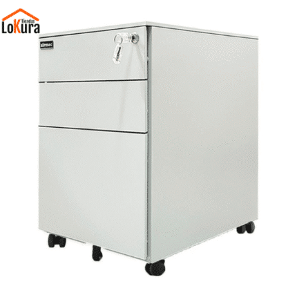 Cajonera de oficina con ruedas color blanco, con 3 gavetas y cerradura