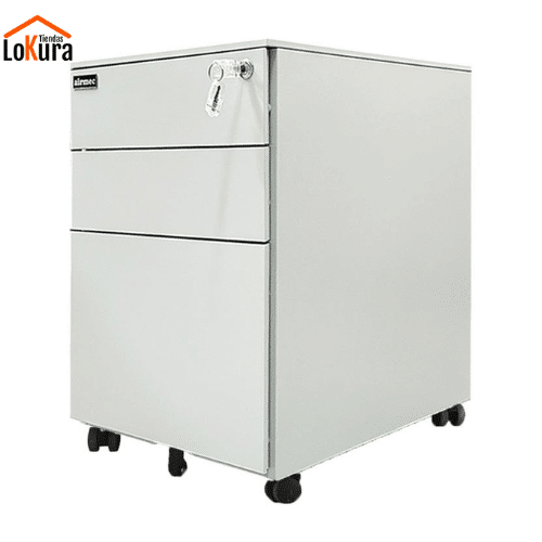 Cajonera de oficina con ruedas color blanco, con 3 gavetas y cerradura