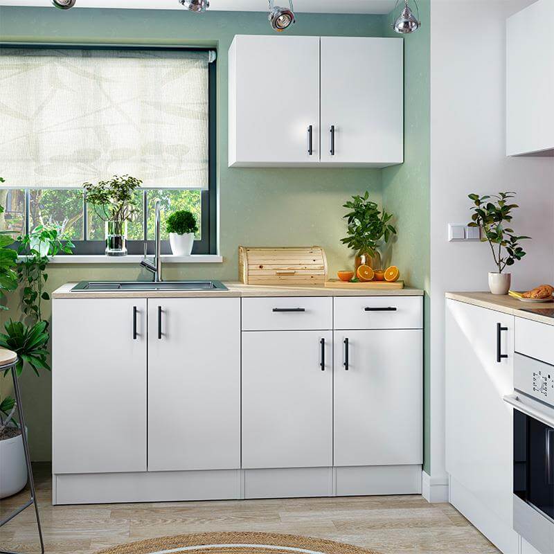 "Vista completa de la Cocina Integral Moderna en L, cocina esquinera con módulos versátiles y cierre Soft Close