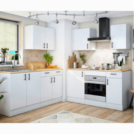 Cocina Integral Moderna en L de 160+160 cm, blanco con tapa en roble y tiradores negros, diseño funcional y almacenamiento optimizado