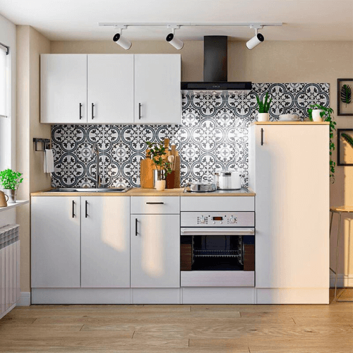 Gabinetes de cocina completos de 240 cm en color blanco y madera, diseño moderno y funcional