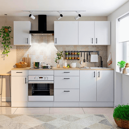 Cocina Completa 240 cm Modelo Kira - Kit modular blanco con múltiples módulos y cierre Soft Close