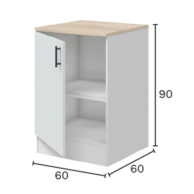 Mueble bajo con una puerta y estantes interiores color blanco