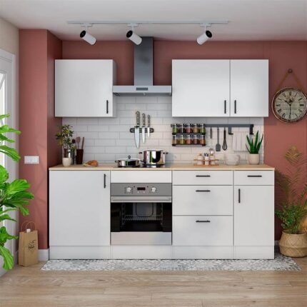 Vista frontal de la Cocina Blanca Moderna en L, con almacenamiento eficiente y tiradores negros en estilo contemporáneo