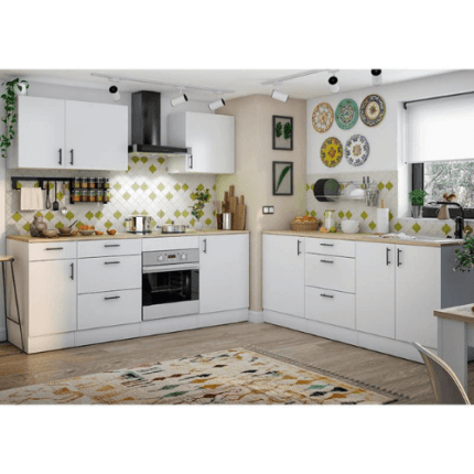 Cocinas Blancas Modernas en forma de L de 220+220 cm, diseño nórdico con encimera de madera y módulos independientes