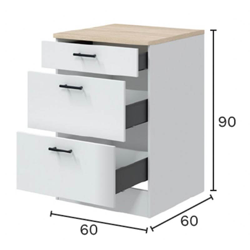 Mueble bajo de 3 cajones, maximiza el espacio y mantiene todo ordenado en la Cocina Blanca Moderna en L