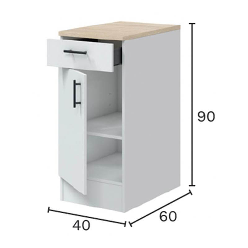 Mueble bajo con cajón y puerta, perfecto para organizar utensilios de cocina