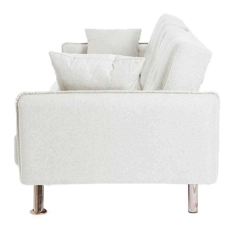 Vista lateral del sofá cama blanco con patas metálicas, ideal para espacios pequeños (190x102x36 cm)