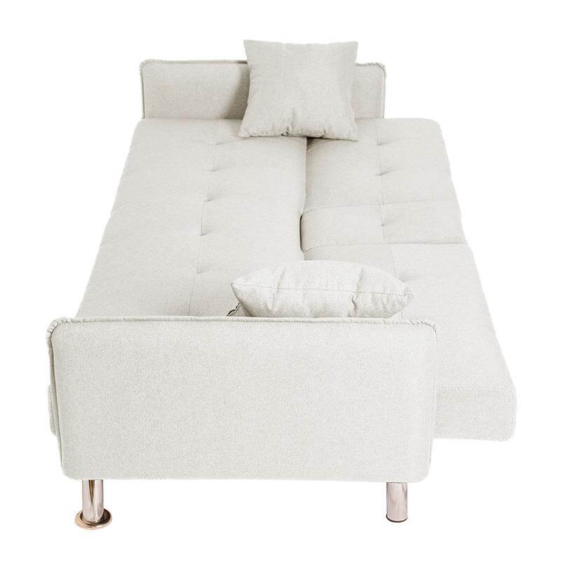 Detalle del respaldo ajustable del sofá cama blanco con medidas ideales para salones