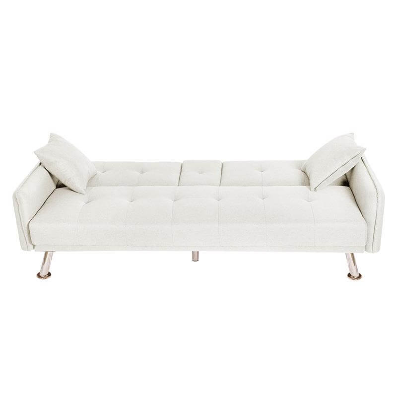 Sofá cama blanco de lino abierto, medidas 190x102x36 cm, perfecto para descansar o recibir invitados