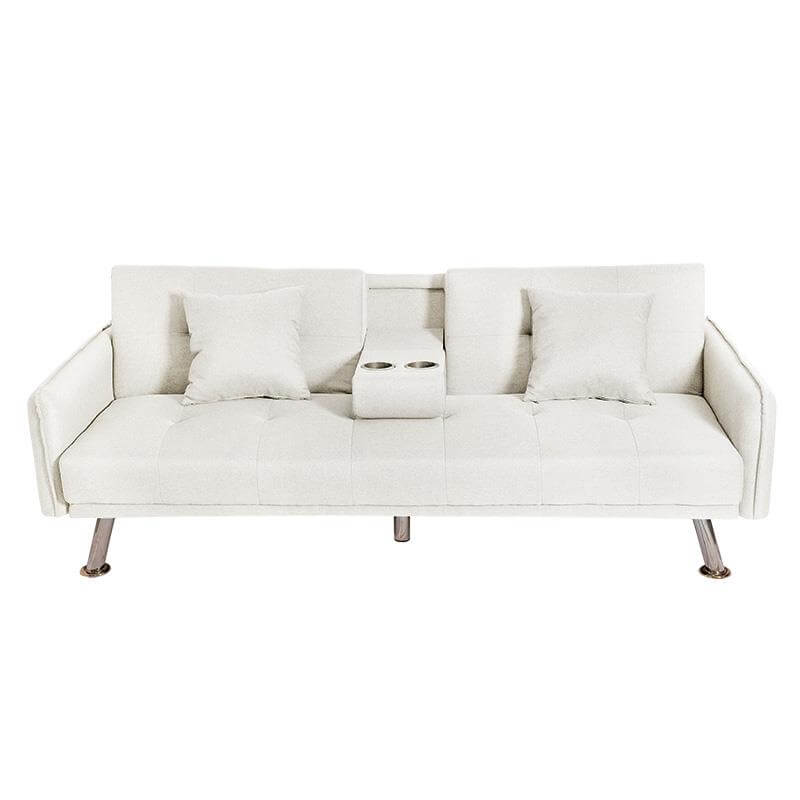 Sofá cama color blanco con reposabrazos, portavasos y dimensiones de 190x102x36 cm