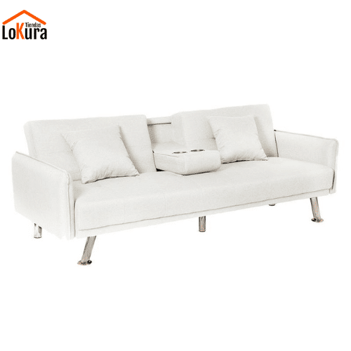 Sofá cama color blanco con tapizado en tela de lino, medidas 190x102x36 cm