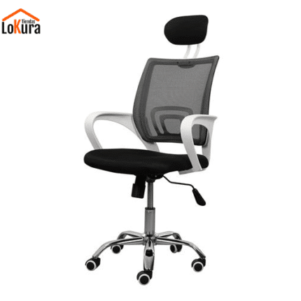 Silla giratoria con apoyabrazos Poznan negra y blanca con respaldo de malla y cabecero, ideal para oficinas en Canarias