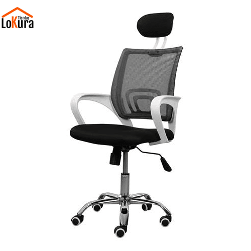 Silla giratoria con apoyabrazos Poznan negra y blanca con respaldo de malla y cabecero, ideal para oficinas en Canarias