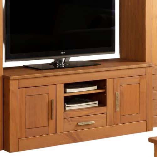 Mueble para tele de pino macizo con puertas y cajón, acabado rústico en cera