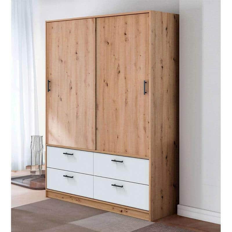Armario 2 metros alto de 140x200x60 cm en roble Nodi y blanco Artik con 2 puertas correderas y 4 cajones