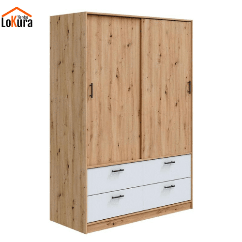 Armario 2 metros alto con puertas correderas y 4 cajones en roble Nodi y blanco Artik