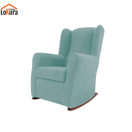 Butaca balancín Rodera en color turquesa con orejeras y base de madera