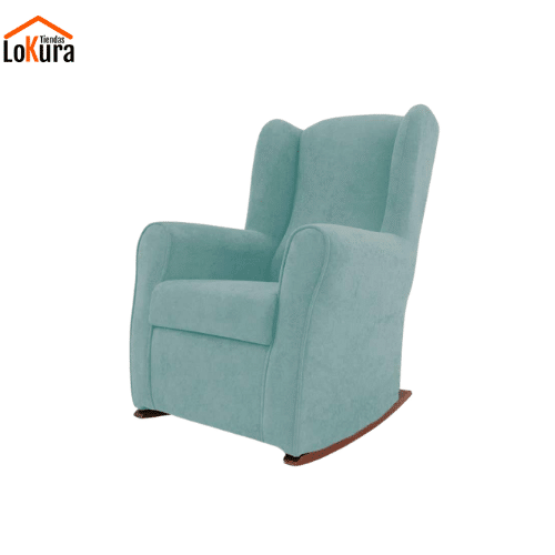 Butaca balancín Rodera en color turquesa con orejeras y base de madera