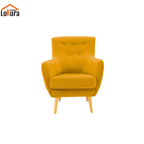 Butaca capitoné Lora en color mostaza con patas de madera torneada