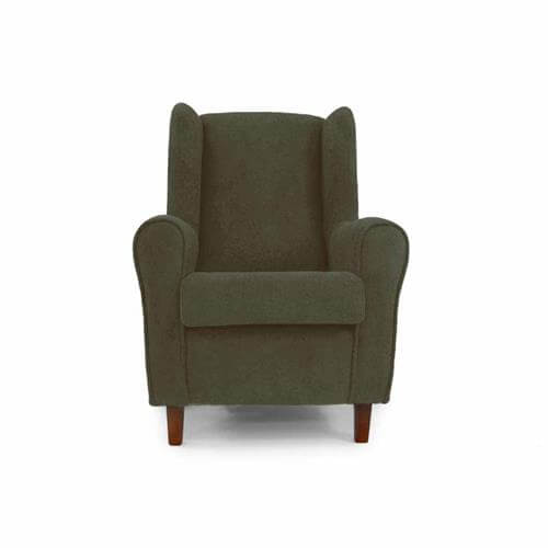 Sillón orejero clásico con tapizado antimanchas verde y estructura de madera