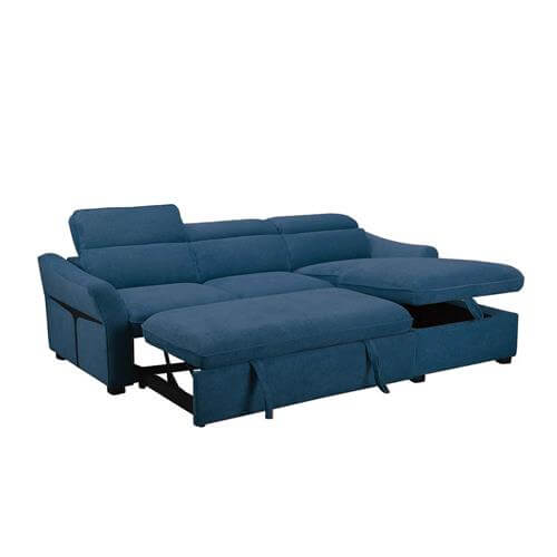 Chaise longue convertible cama azul abierto como cama de 246x173 cm con arcón de almacenamiento