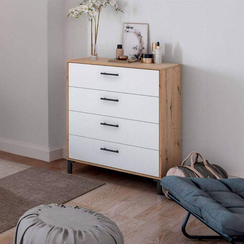 Cómoda blanca y roble, Mueble auxiliar para dormitorio con cajones amplios y fácil montaje