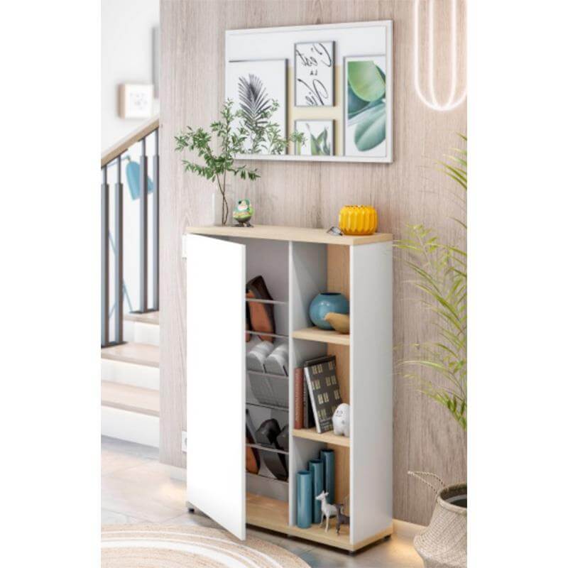 Mueble zapatero con espejo integrado, espacio para 6-9 pares y huecos para accesorios