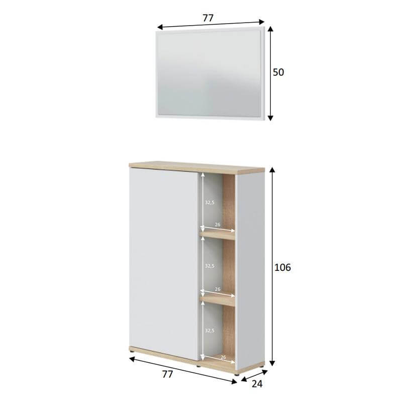 Mueble recibidor con zapatero y espejo de 106x77x24 cm, en color blanco y roble