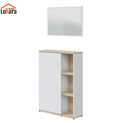 Mueble recibidor con zapatero y espejo en blanco y roble, con estantes abiertos y puerta lateral