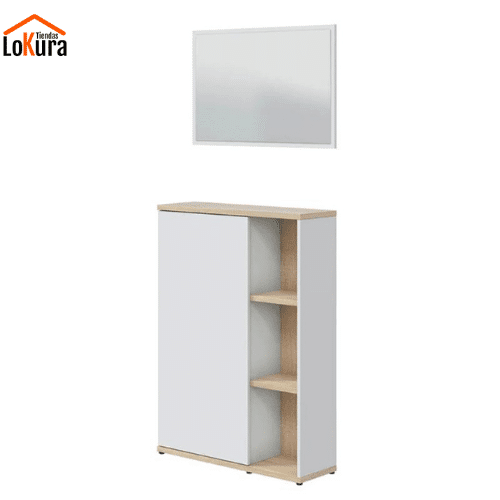 Mueble recibidor con zapatero y espejo en blanco y roble, con estantes abiertos y puerta lateral