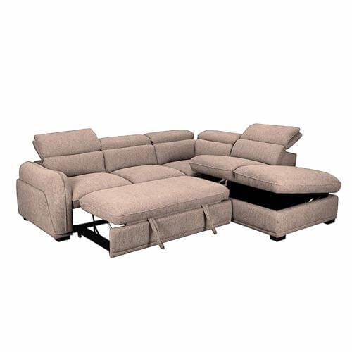 Sofá rinconera tela marrón abierto como cama con chaise longue y almacenamiento