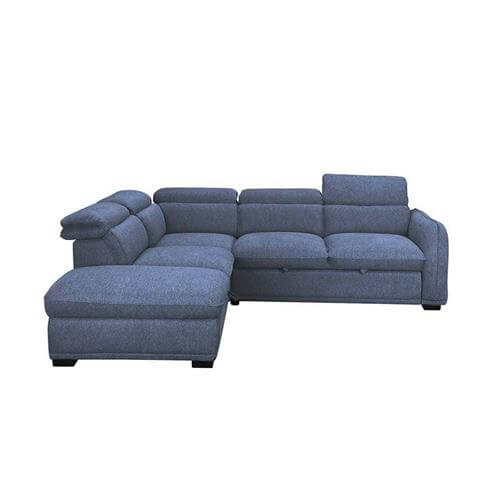 Sofá rinconera tela en azul con almacenamiento bajo el chaise longue
