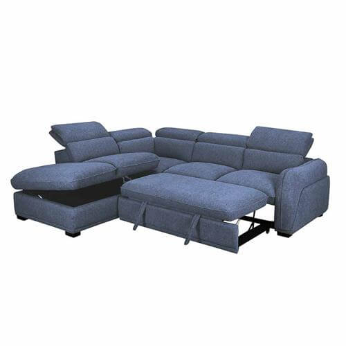 Sofá cama rinconera VENICE azul con chaise longue reversible y arcoón integrado