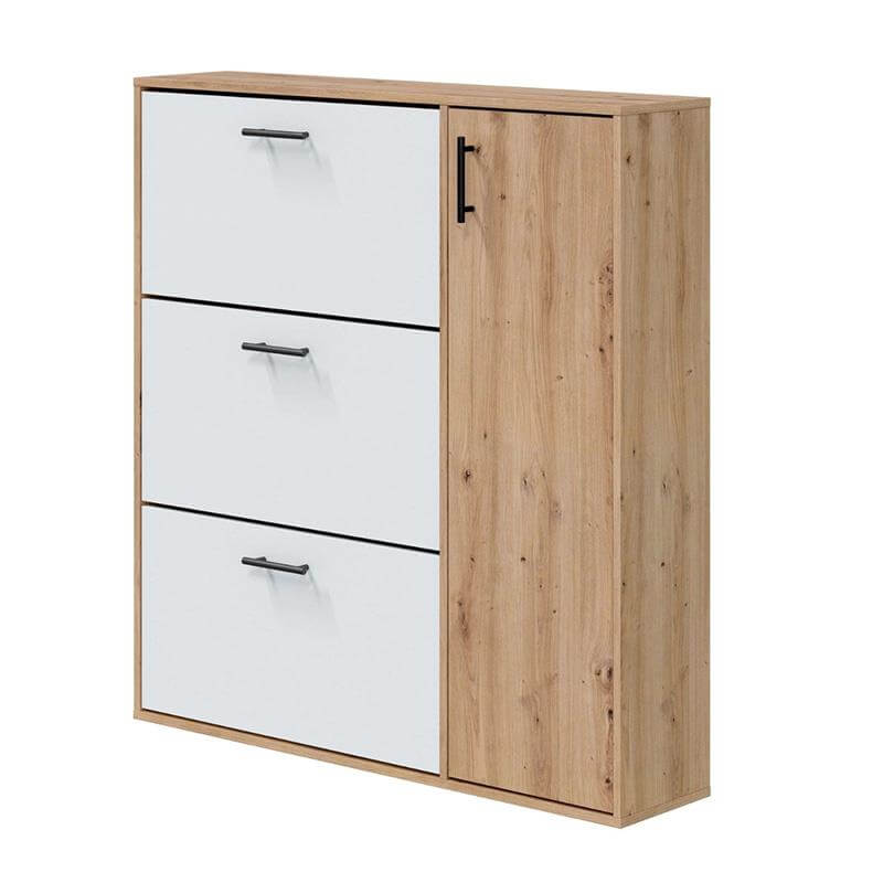 Zapatero para 24 pares con compartimentos dobles, puerta lateral con estantes y tiradores metálicos en negro