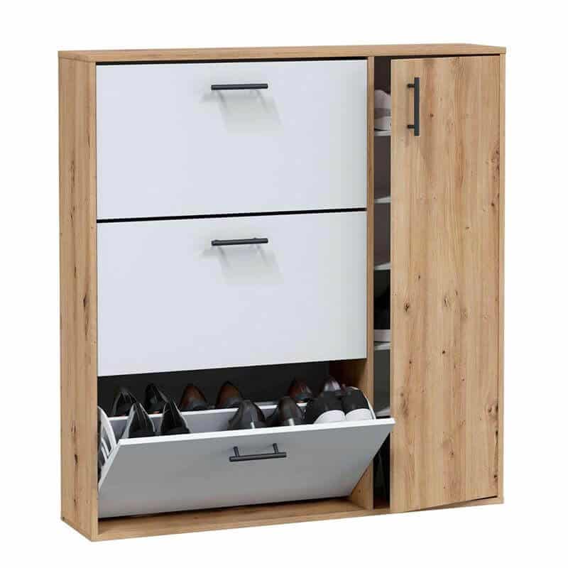 Mueble zapatero para 24 pares en color roble y blanco, con 3 puertas abatibles y estantes internos.