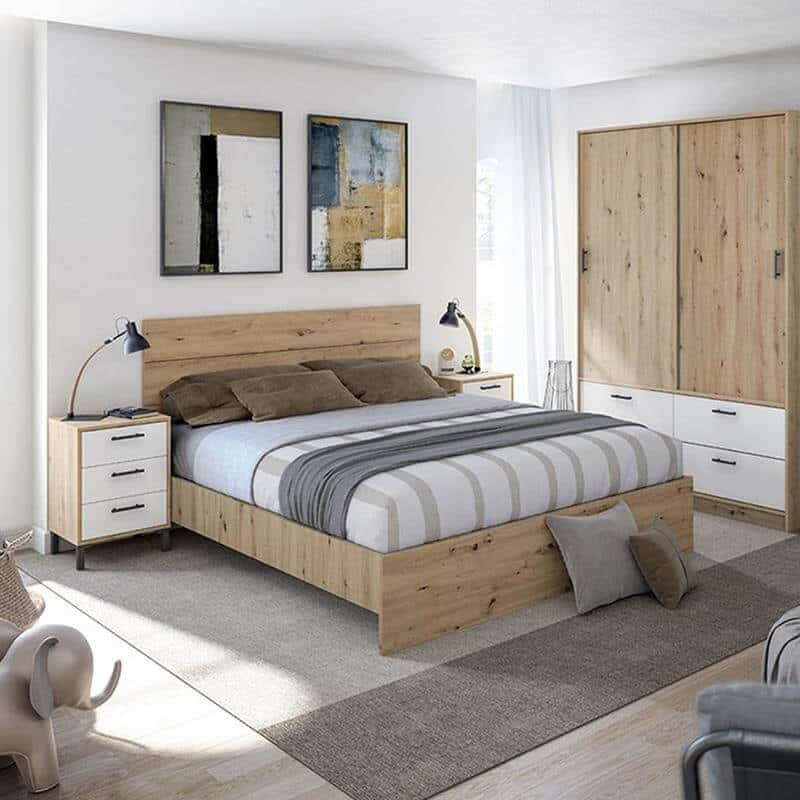 Conjunto mesitas y cabecero en dormitorio, ideal para camas de 135 a 150 cm