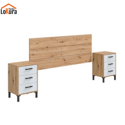 Conjunto mesitas y cabecero a juego en Roble Nodi y Blanco Artik, diseño moderno para dormitorio