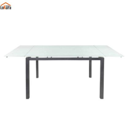 Mesa comedor extensible vidrio 110–170 cm con tapa blanca y patas metálicas