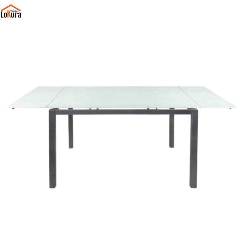 Mesa comedor extensible vidrio 110–170 cm con tapa blanca y patas metálicas