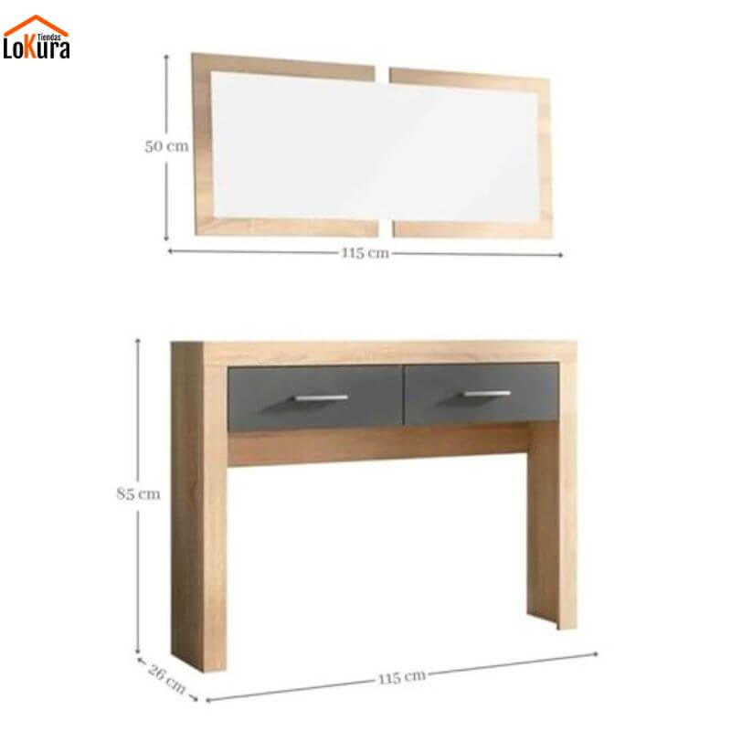 Mueble con espejo para entrada LARA en acabado cambrian-grafito. Espejo: 50A x L115 cm, Consola: 85A x 115L x F26 cm