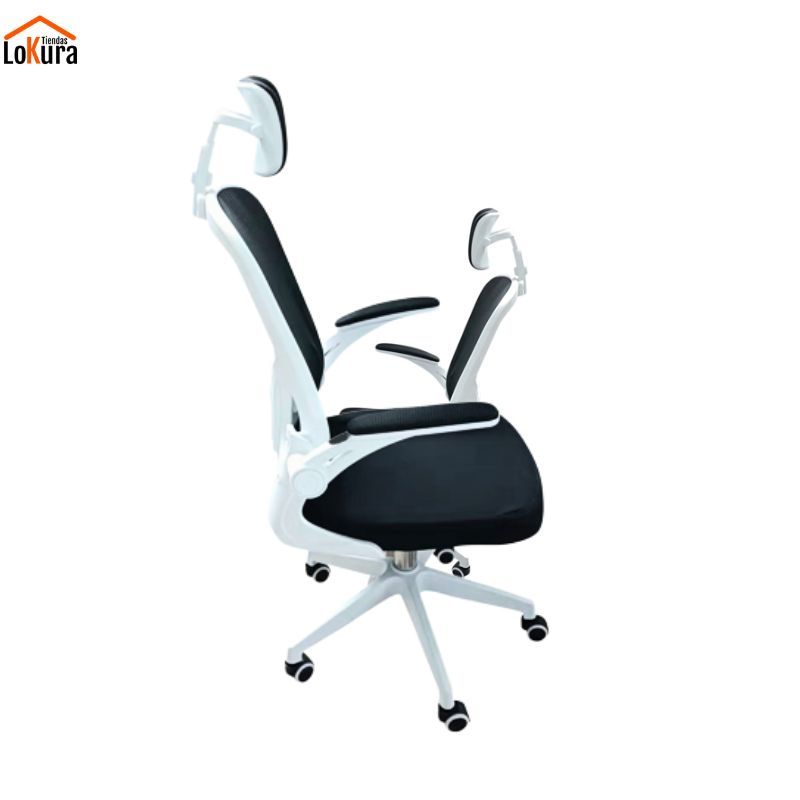 silla escritorio con brazos y respaldo alto blanca y negra